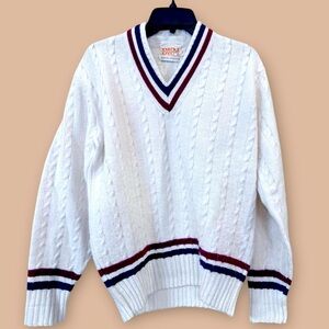 DKM Vintage Swell-Wear Cream Red Blue Trim 100% Wool Size Large Sweater